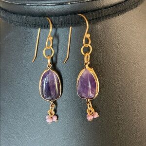 Vintage Natural Amethyst 18k Gold Plated Dangle Earrings